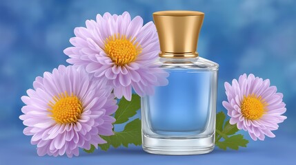 Elegant blue perfume bottle with golden cap surrounded by fresh light purple chrysanthemum flowers on soft blue background, beauty product presentation with floral freshness