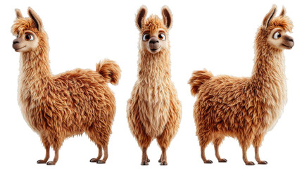 Adorable Cartoon Llama Character with Fluffy Fur in Three Different Poses