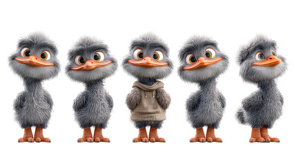 Cute cartoon characters of fluffy hatchlings with expressive faces for playful designs