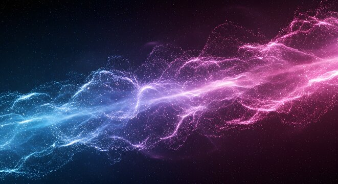 Energy stream flows with vibrant blue and magenta light particles against a dark background to create a dynamic digital atmosphere.