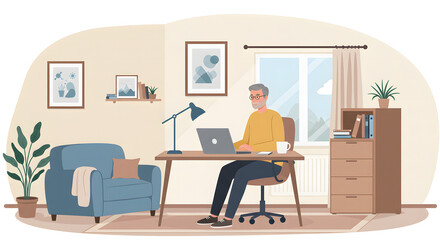 Businessman sits at his desk, diligently working on a laptop in a modern office