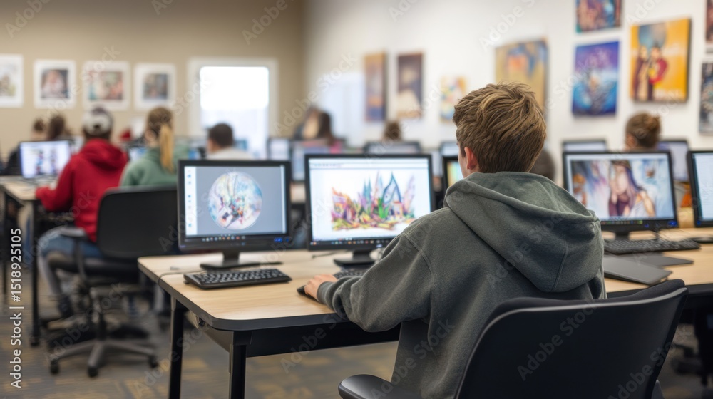 Fototapete digital art class in progress: students focused on their computer screens