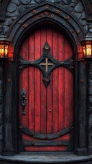 Ornate gothic arched wooden door with intricate ironwork and glowing lanterns on either side, medieval castle entrance with rich red paneling and antique decor