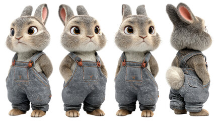 Cute Cartoon Bunny Character in Overalls Displaying Various Poses and Expressions