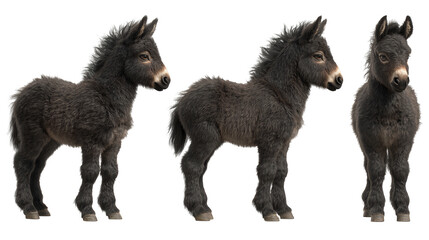 Cute Black Foal with Fluffy Fur Posing in Various Angles in a Studio Setting