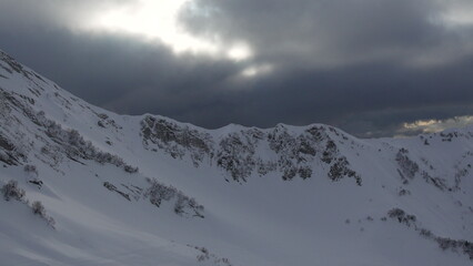 Mountains Snow Winter: Dramatic Alpine Landscape, Cloudy Day, Scenic View.