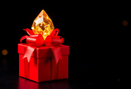 A festive red gift box adorned with a sparkling yellow gemstone on black background