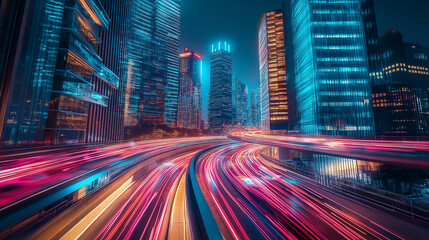 Obraz premium Neon-lit cityscape with fast-moving colorful light trails on a futuristic highway, representing urban speed, technology, and night life.