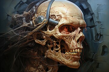 Futuristic cybernetic skull with cables and technology integrated into its structure