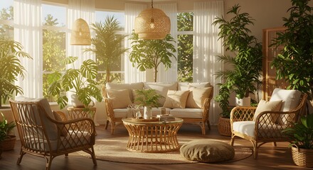 Sunlit Tropical Living Room Monstera and Palm Rattan Furniture and Lush Greenery