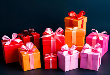 Colorful gift boxes arranged with beautiful ribbons against a dark background ready for celebration