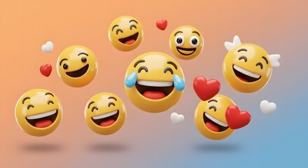 Obraz premium A lively spread of smiling and laughing emojis on a soft rainbow gradient background, evoking a sense of pure happiness and widespread digital interaction. 