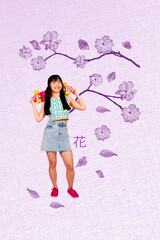 3d sketch image vertical collage of happy korean girl stand sakura tree bloom flower petal vietnamese travel oriental tradition
