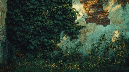 Overgrown urban wall with peeling paint and lush green foliage in a neglected outdoor space, captu decay and nature reclaiming abandoned structures