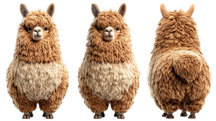 Cute cartoon llama character with fluffy fur from multiple angles for creative use
