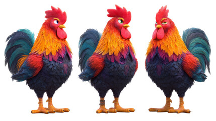Colorful Cartoon Rooster Character Set with Vibrant Feathers in Various Poses