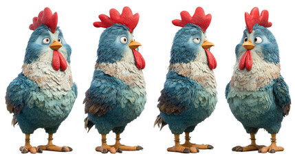 Playful Animated Roosters with Colorful Plumage in Various Poses and Expressions