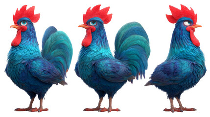 Colorful cartoon rooster character with vibrant plumage in three different poses