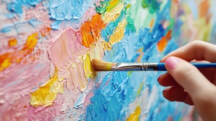 Fototapeta premium Vibrant Canvas: A Hand Painting an Abstract Masterpiece