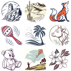 Collection of Diverse Graphic Illustrations Lighthouse Desert Fox and More
