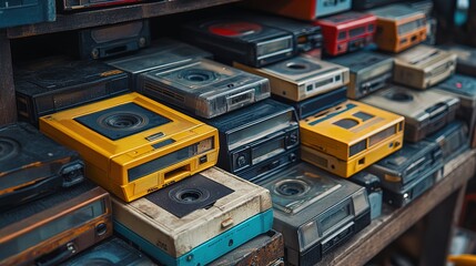 A collection of vintage cassette tapes and a classic Walkman player 