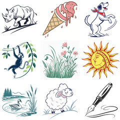 Collection of Diverse Illustrations Animals Nature Food and Writing Tool on White Background