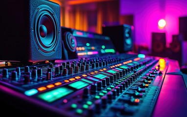 Professional audio mixing board with studio monitor speakers in colorful neon-lit recording studio, ideal for music production and sound engineering concepts.