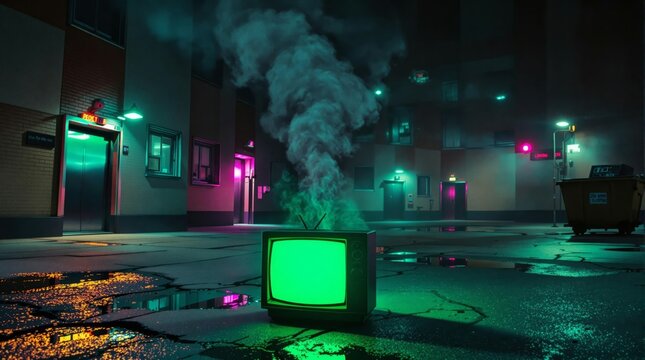 An old TV on cracked pavement in a dark, wet urban alley at night. Emitting eerie green light and smoke, reflecting in puddles under neon pink and green building lights. Mysterious, cyberpunk, retro a