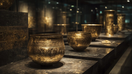 Fototapeta premium A row of gold vases on display