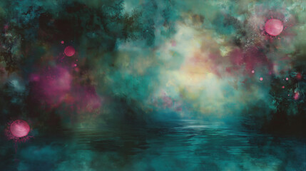 Obraz premium Dreamy teal and pink abstract cloudscape above reflective water, blending surreal colors for creative backgrounds and fantasy artwork.