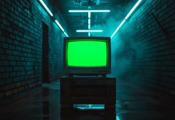 CRT television glows bright green in a dark, wet, atmospheric urban alley at night. Moody lighting, foggy air, and brick walls create a mysterious cyberpunk scene of urban decay. Perfect for