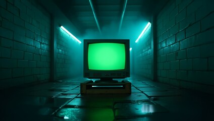 CRT television glows bright green in a dark, wet, atmospheric urban alley at night. Moody lighting, foggy air, and brick walls create a mysterious cyberpunk scene of urban decay. Perfect for