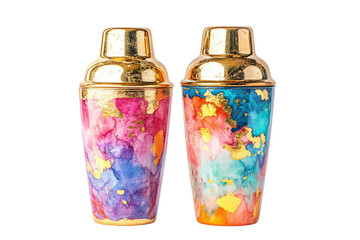 Vibrant Watercolor Cocktail Shakers in Multicolor Design Isolated on Transparent Background