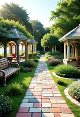 Serene Garden Pathway with Gazebos
