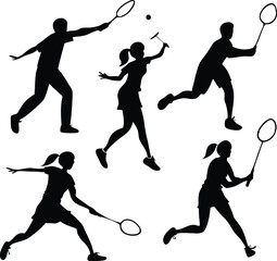 Silhouettes of badminton players in various poses with rackets and shuttlecock on a white background