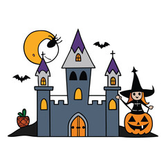 A haunted Dracula castle looms under a full moon, guarded by a wicked witch casting spells—perfectly eerie for a spooky Halloween night!
