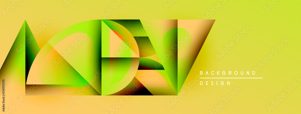Poster Abstract geometric shapes overlap, creating vibrant yellow, green gradients. Modern design elements suggest dynamic visual experience.