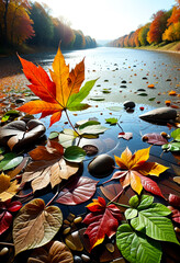 Autumn Leaves Floating on a Serene River
