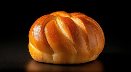 A golden-brown baked good, possibly a bread roll or bun, sits on a dark surface against a black background; its surface shows a swirl pattern from its shaping