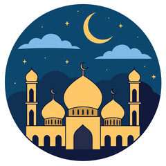 Illustration of a mosque at night with a crescent moon and stars in a circular frame design