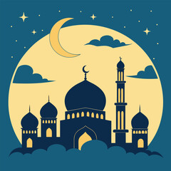 Silhouette of a mosque at night with a crescent moon and stars in the background illustration