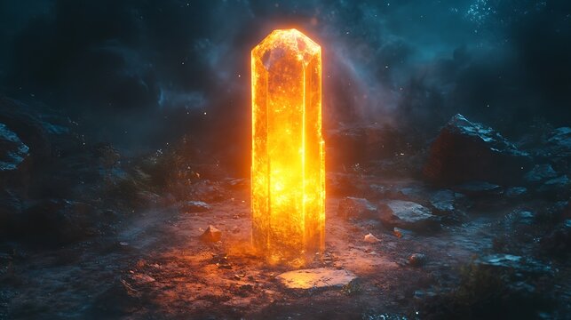 Ethereal luminous crystal pillar casting warm glow in a twilight landscape scene