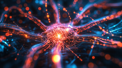 Abstract neural network with glowing orange and blue connections, visualizing brain, intelligence, AI, and connectivity concepts.