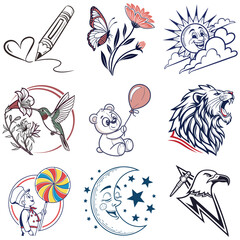 Collection of Whimsical Illustrations Animals Nature and Nostalgic Imagery on White Background