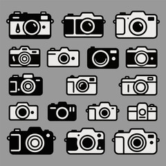 Flat retro style image of 17 unique collection camera vector icons in black and white on grey background for photography, digital, and vintage design.