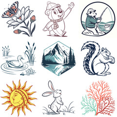 Collection of Nine Stylized Nature and Animal Illustrations on a White Background