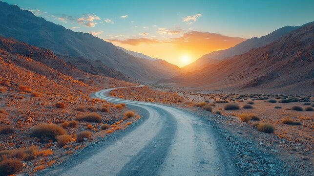 Scenic winding dirt road through arid mountain landscape du sunset with vibrant orange sky and distant mountain ranges in a remote desert environment
