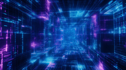 Obraz premium Neon blue and purple digital tunnel with glowing geometric shapes, evoking sci-fi, virtual reality, and advanced technology concepts.
