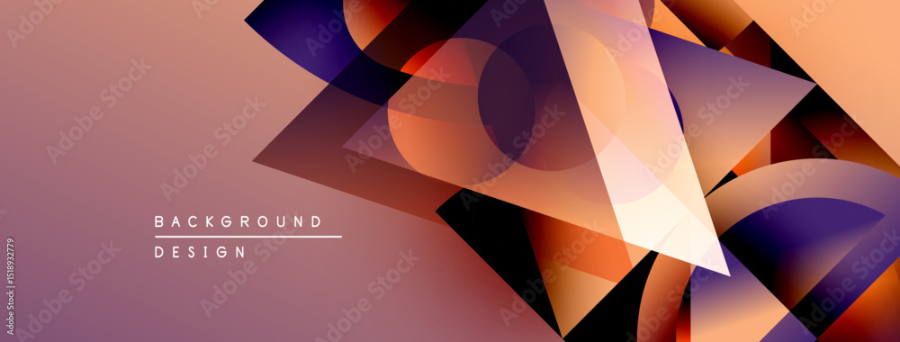 Poster Abstract geometric shapes overlap, creating vibrant color gradients. Background features warm tones, purple hues, modern design elements.