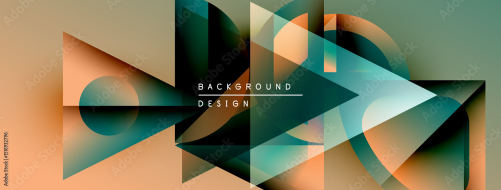Poster Abstract geometric shapes overlap, creating modern design. Gradient colors blend, forming dynamic visual composition. Minimalist text present.